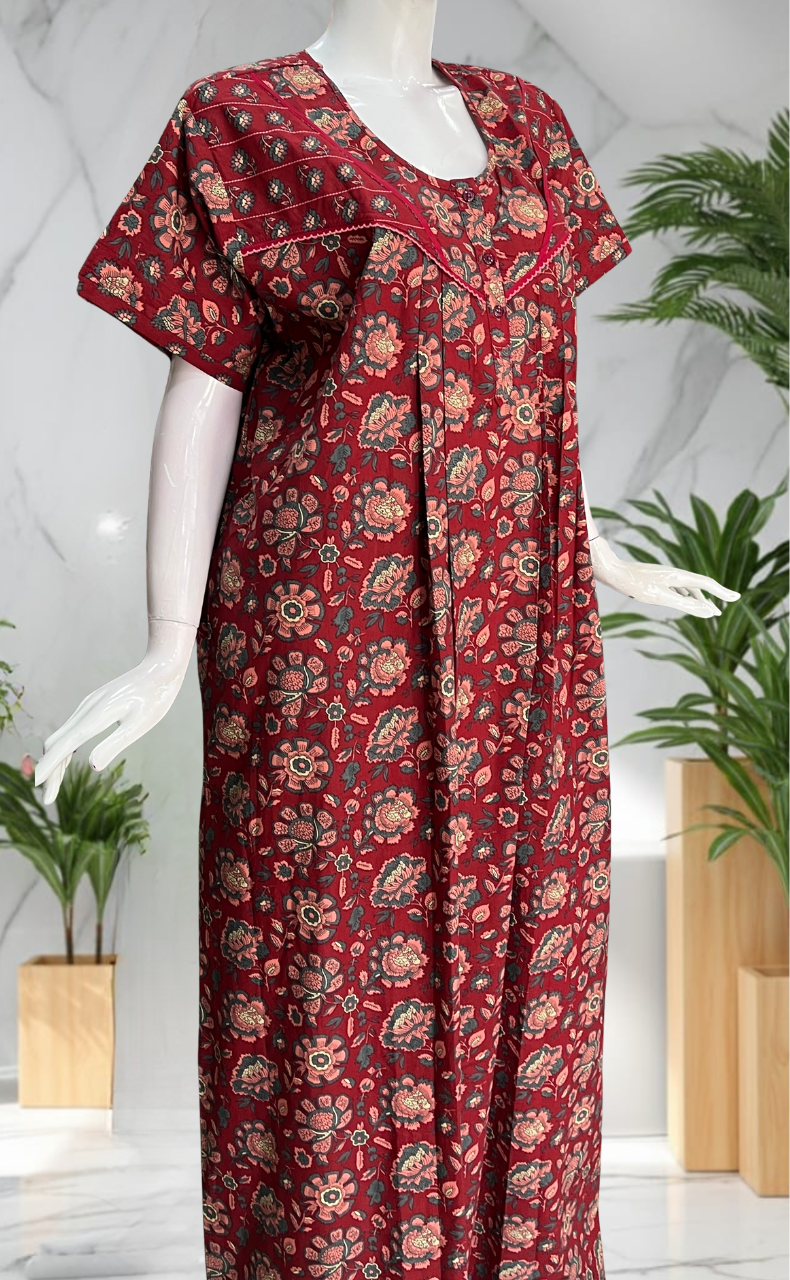 Maroon Garden Pure Cotton Nighty. Pure Durable Cotton | Laces and Frills