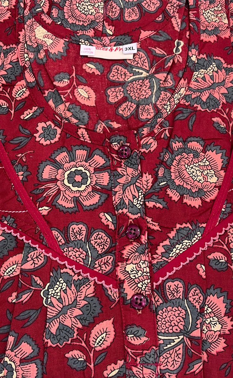 Maroon Garden Pure Cotton Nighty. Pure Durable Cotton | Laces and Frills