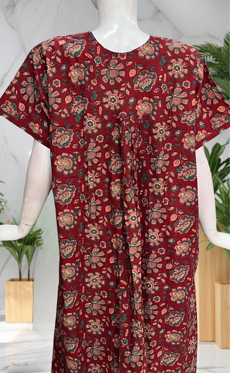 Maroon Garden Pure Cotton Nighty. Pure Durable Cotton | Laces and Frills