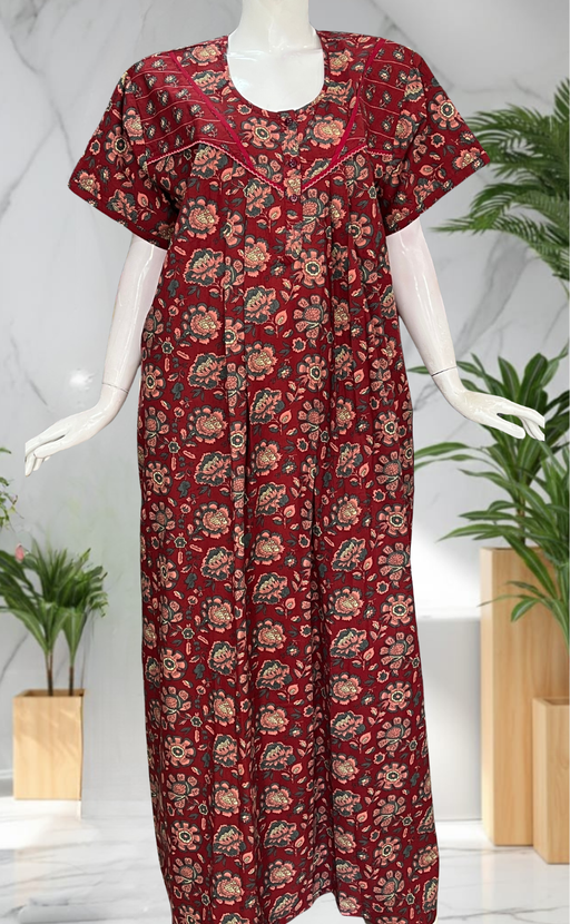 Maroon Garden Pure Cotton Nighty. Pure Durable Cotton | Laces and Frills - Laces and Frills