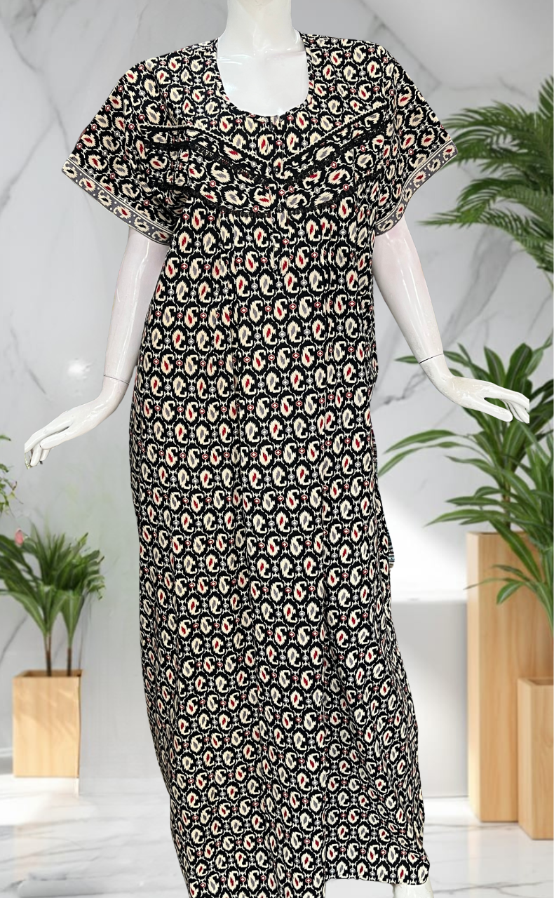 Black Paisley Print Pure Cotton Nighty. Pure Durable Cotton | Laces and Frills