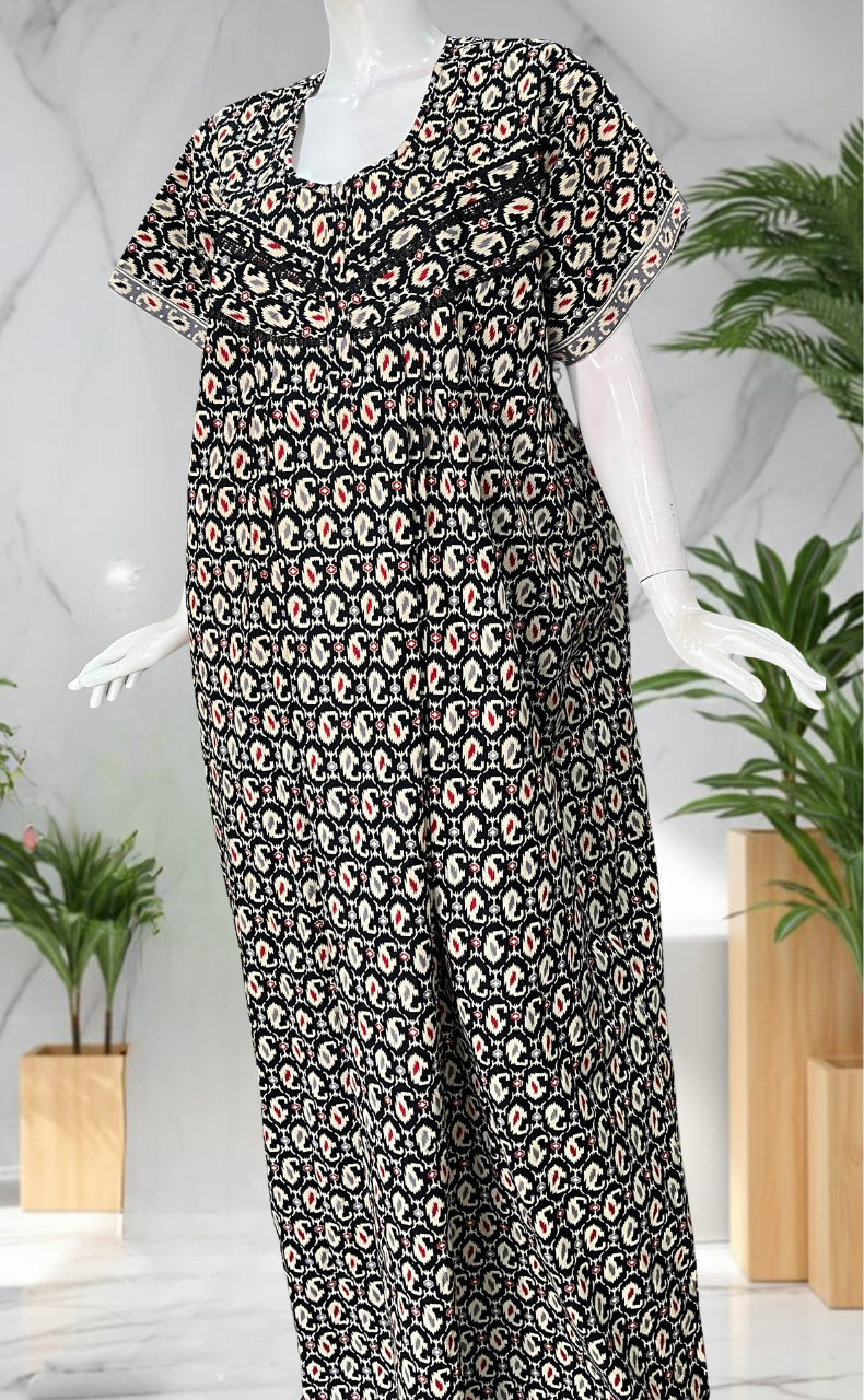 Black Paisley Print Pure Cotton Nighty. Pure Durable Cotton | Laces and Frills