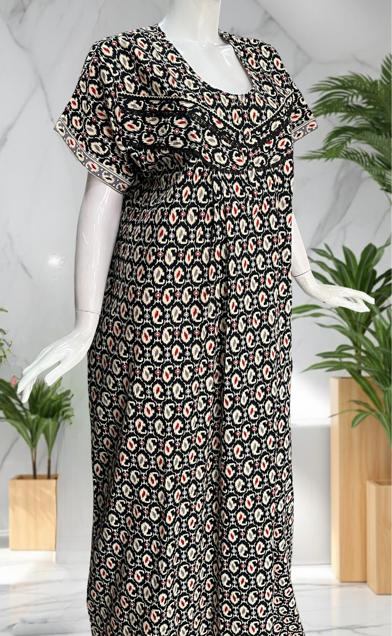 Black Paisley Print Pure Cotton Nighty. Pure Durable Cotton | Laces and Frills
