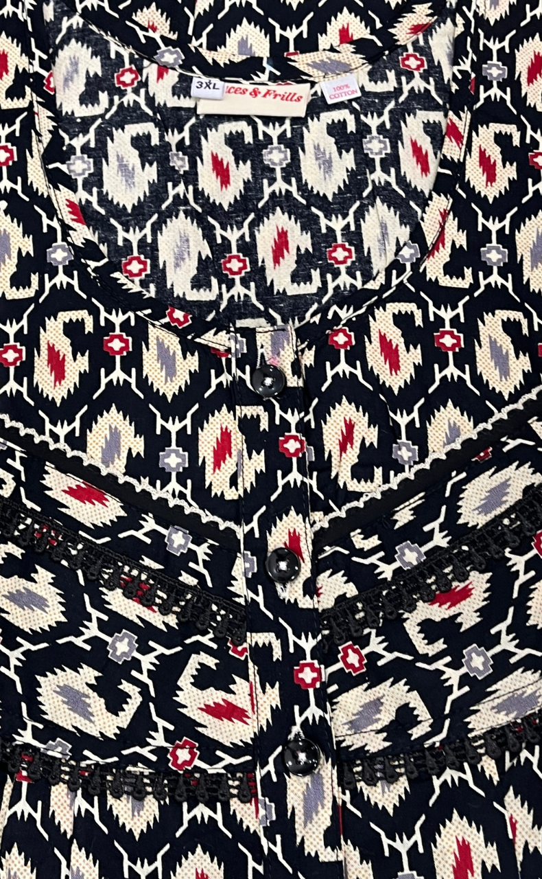 Black Paisley Print Pure Cotton Nighty. Pure Durable Cotton | Laces and Frills