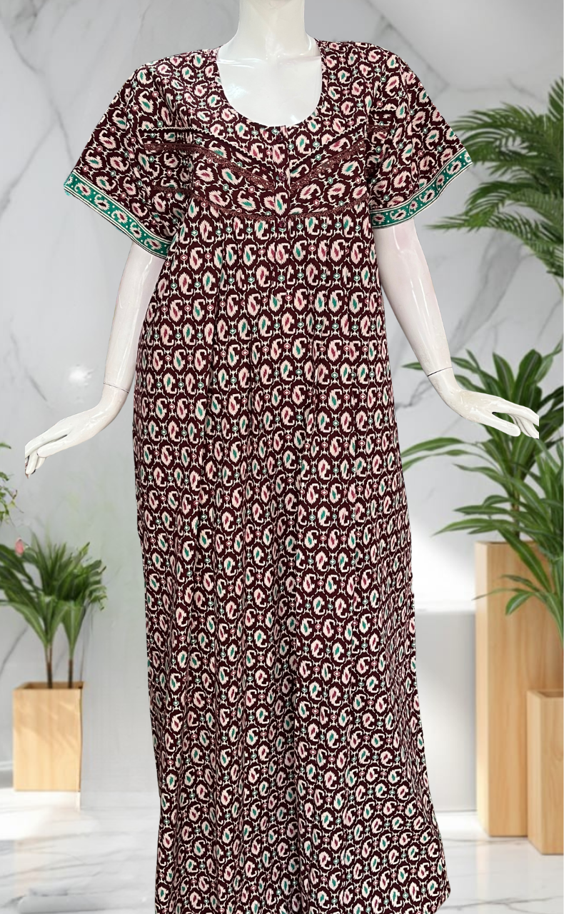 Maroon Paisley Print Pure Cotton Nighty. Pure Durable Cotton | Laces and Frills
