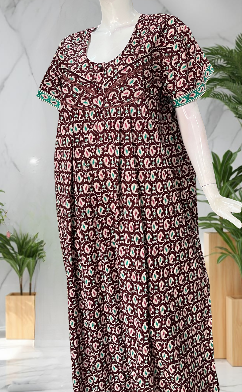 Maroon Paisley Print Pure Cotton Nighty. Pure Durable Cotton | Laces and Frills