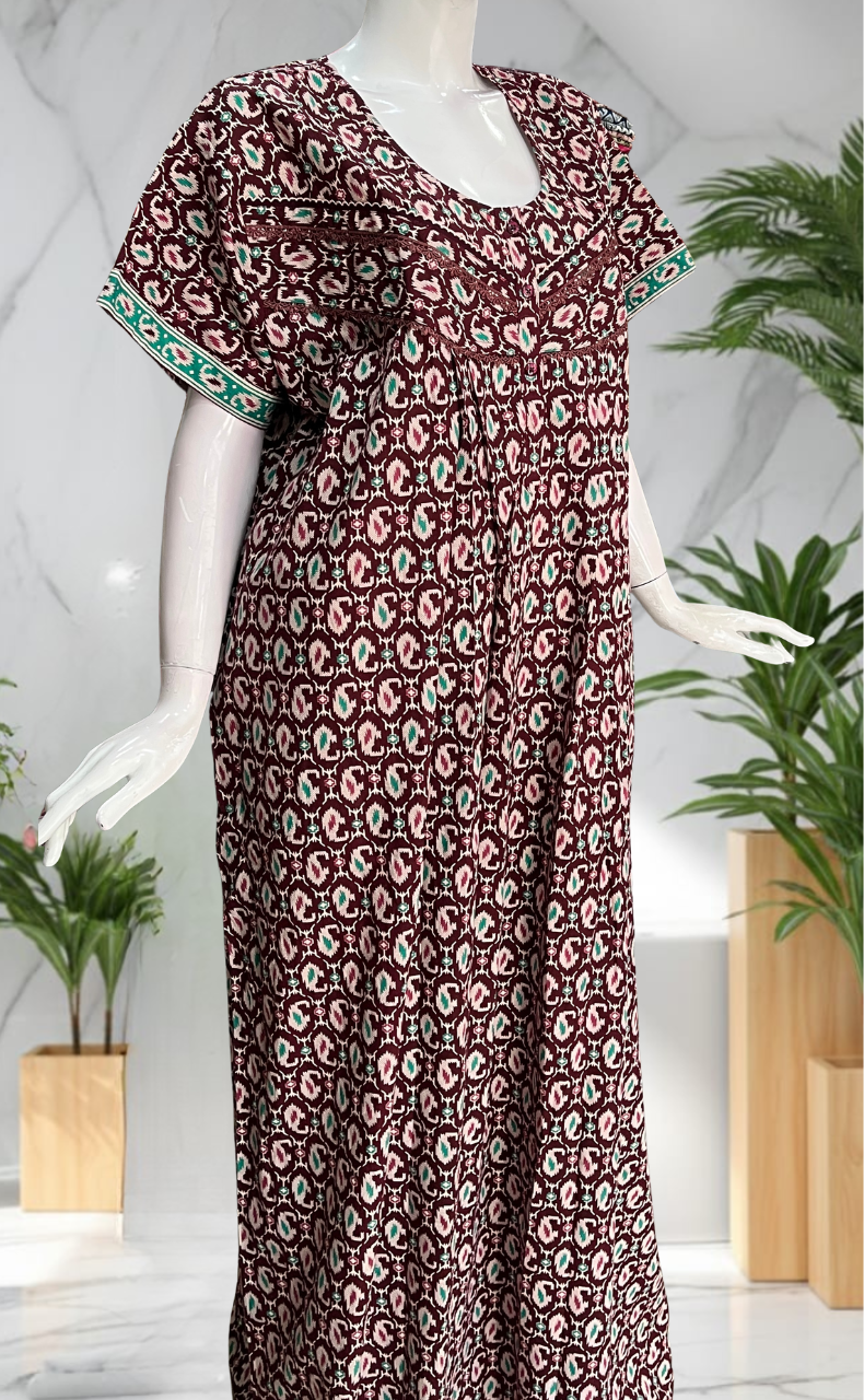 Maroon Paisley Print Pure Cotton Nighty. Pure Durable Cotton | Laces and Frills