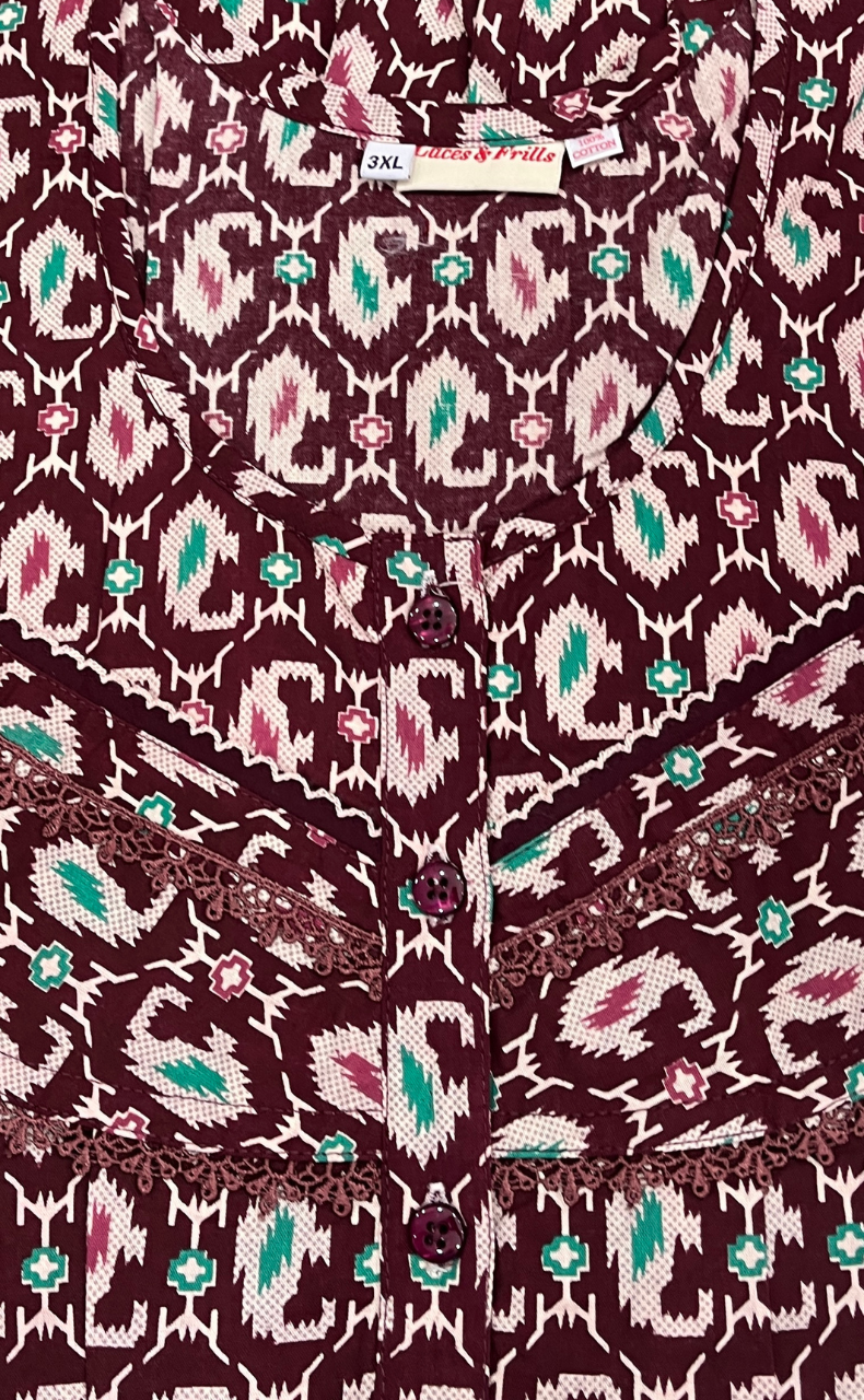 Maroon Paisley Print Pure Cotton Nighty. Pure Durable Cotton | Laces and Frills
