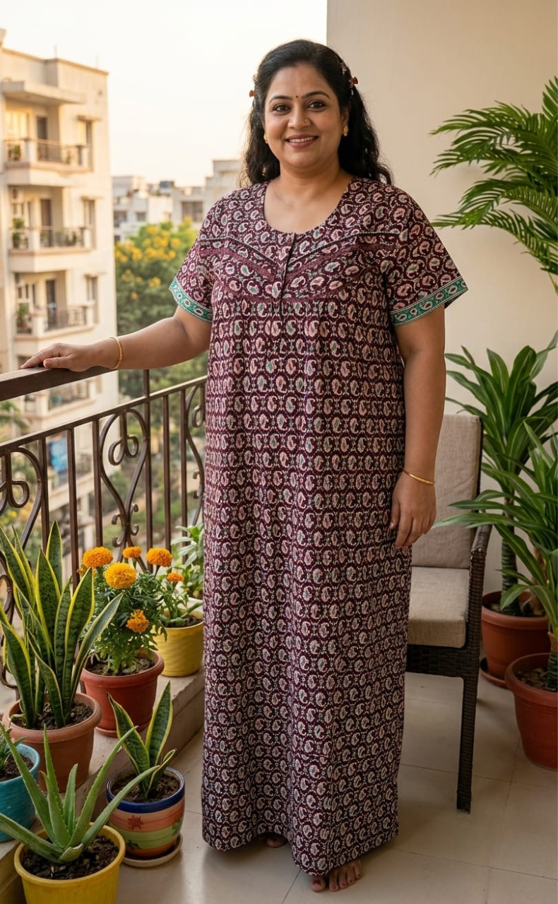 Maroon Paisley Print Pure Cotton Nighty. Pure Durable Cotton | Laces and Frills - Laces and Frills