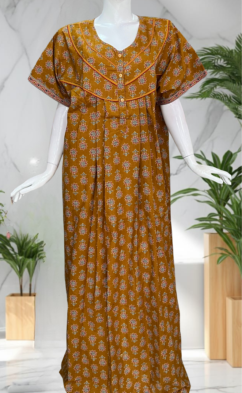 Mustard Floral Pure Cotton Nighty. Pure Durable Cotton | Laces and Frills
