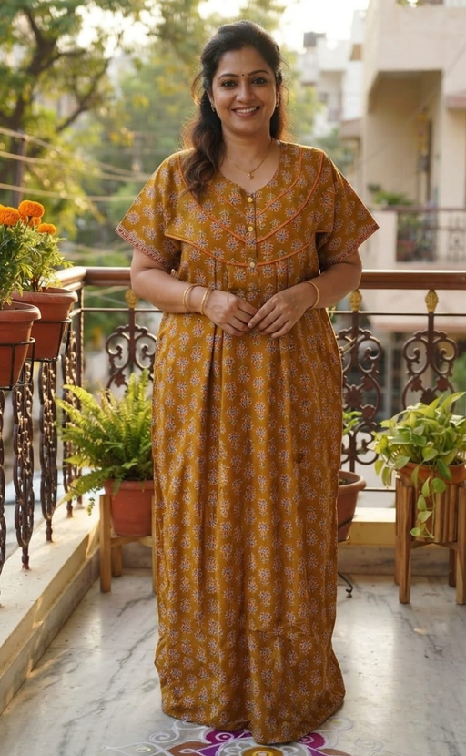 Mustard Floral Pure Cotton Nighty. Pure Durable Cotton | Laces and Frills - Laces and Frills