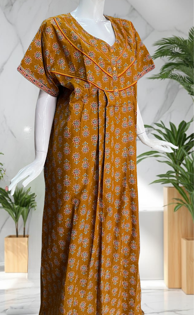 Mustard Floral Pure Cotton Nighty. Pure Durable Cotton | Laces and Frills