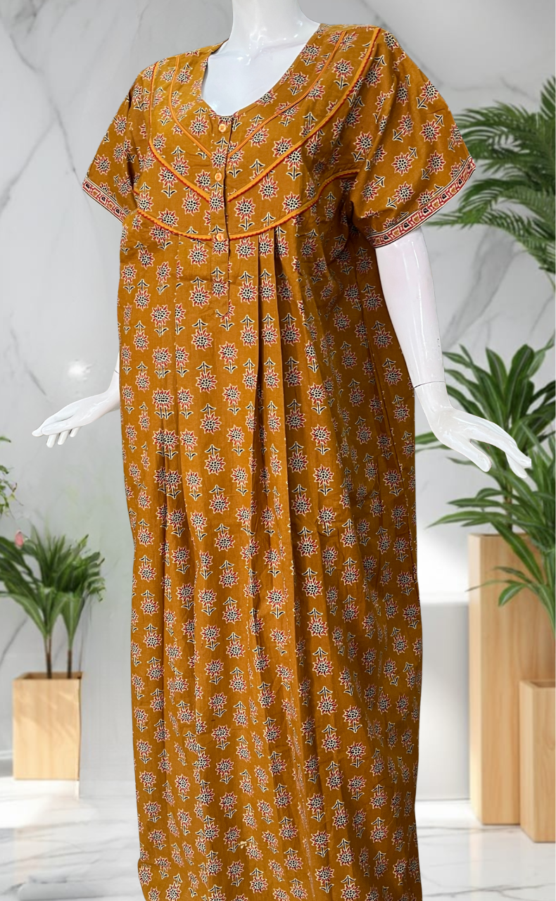 Mustard Floral Pure Cotton Nighty. Pure Durable Cotton | Laces and Frills