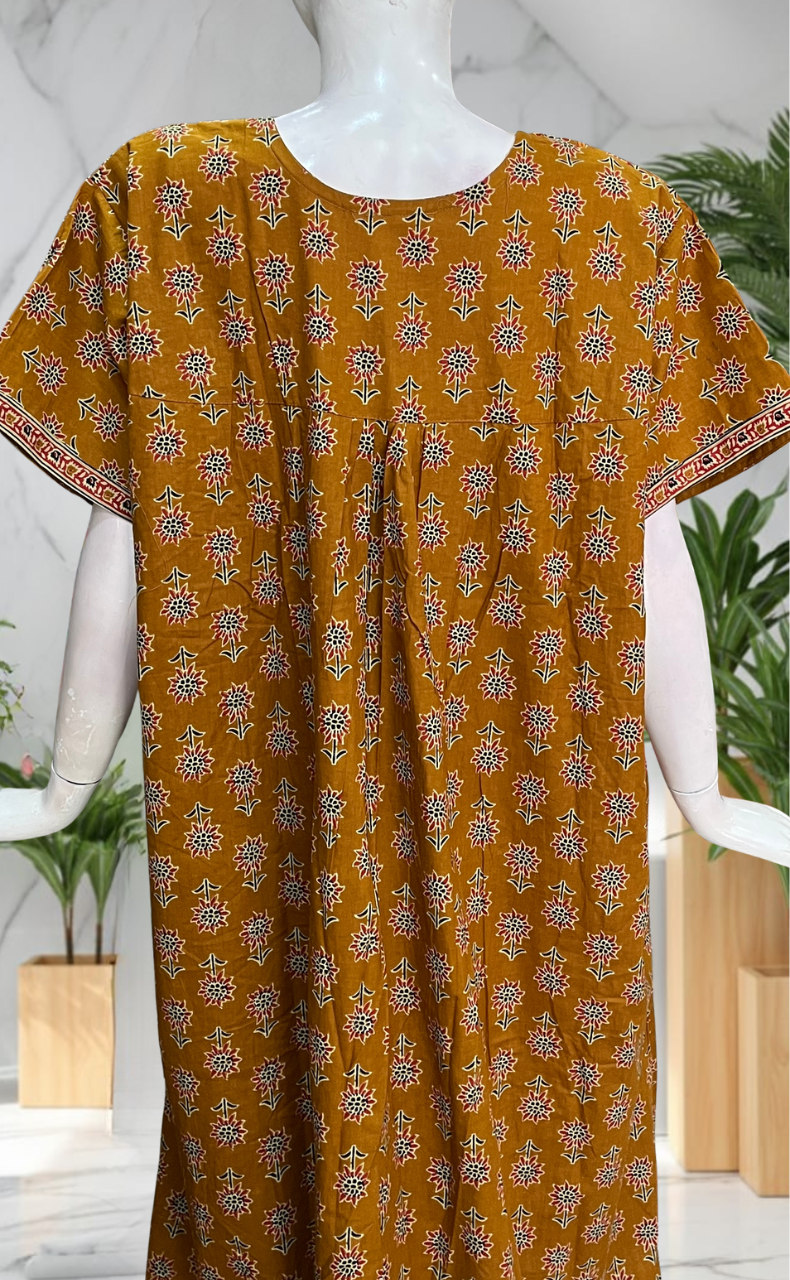 Mustard Floral Pure Cotton Nighty. Pure Durable Cotton | Laces and Frills