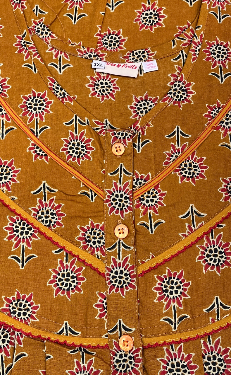 Mustard Floral Pure Cotton Nighty. Pure Durable Cotton | Laces and Frills