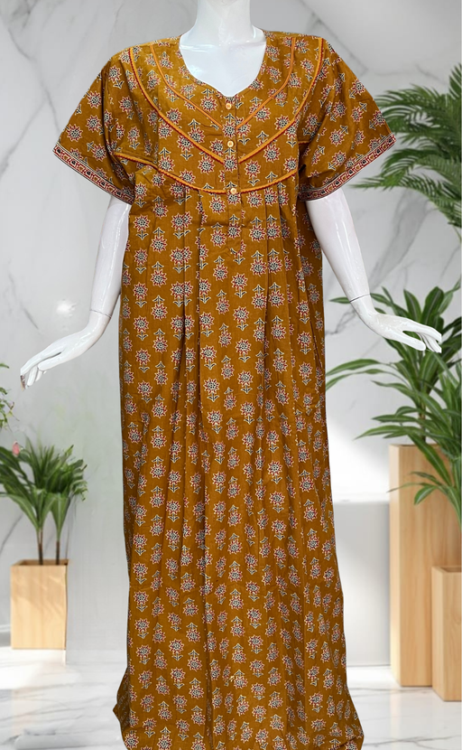 Mustard Floral Pure Cotton Nighty. Pure Durable Cotton | Laces and Frills - Laces and Frills