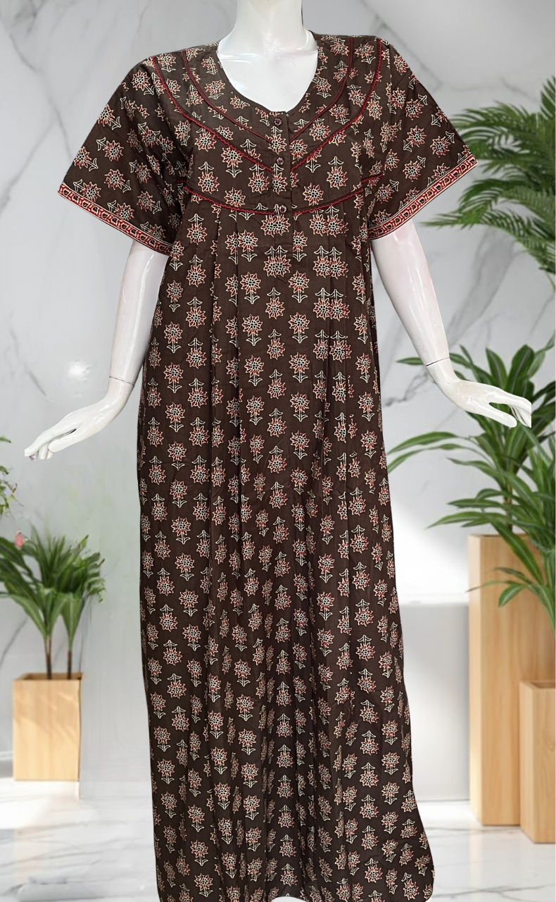 Brown Floral Pure Cotton Nighty. Pure Durable Cotton | Laces and Frills