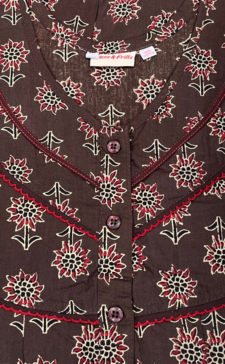 Brown Floral Pure Cotton Nighty. Pure Durable Cotton | Laces and Frills