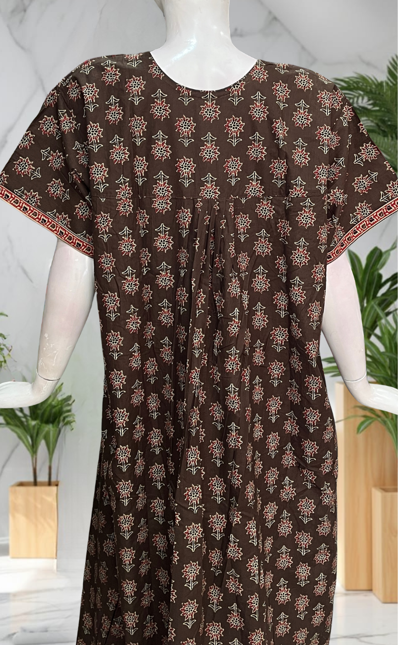 Brown Floral Pure Cotton Nighty. Pure Durable Cotton | Laces and Frills