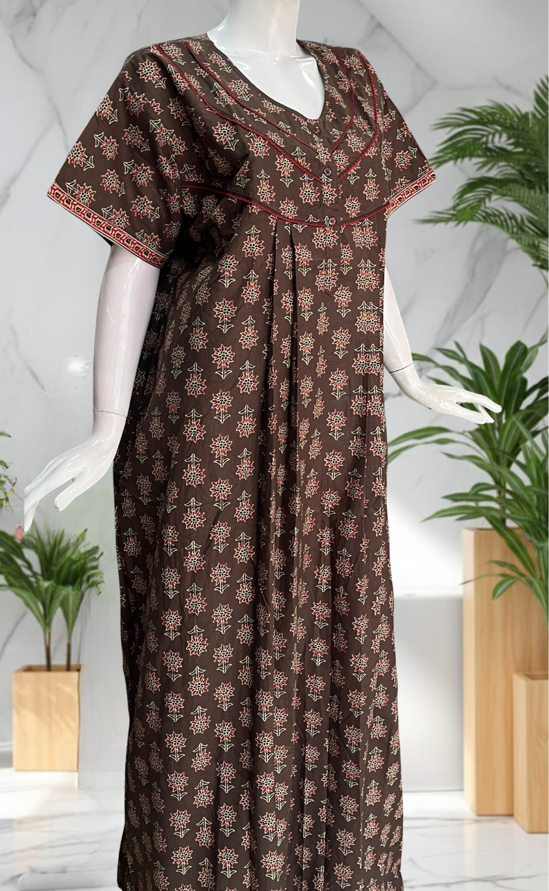 Brown Floral Pure Cotton Nighty. Pure Durable Cotton | Laces and Frills