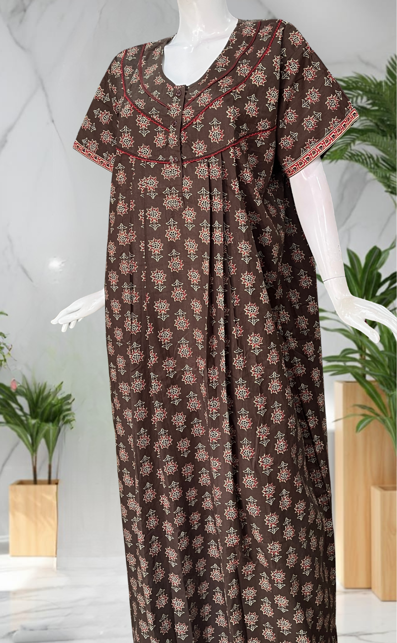 Brown Floral Pure Cotton Nighty. Pure Durable Cotton | Laces and Frills