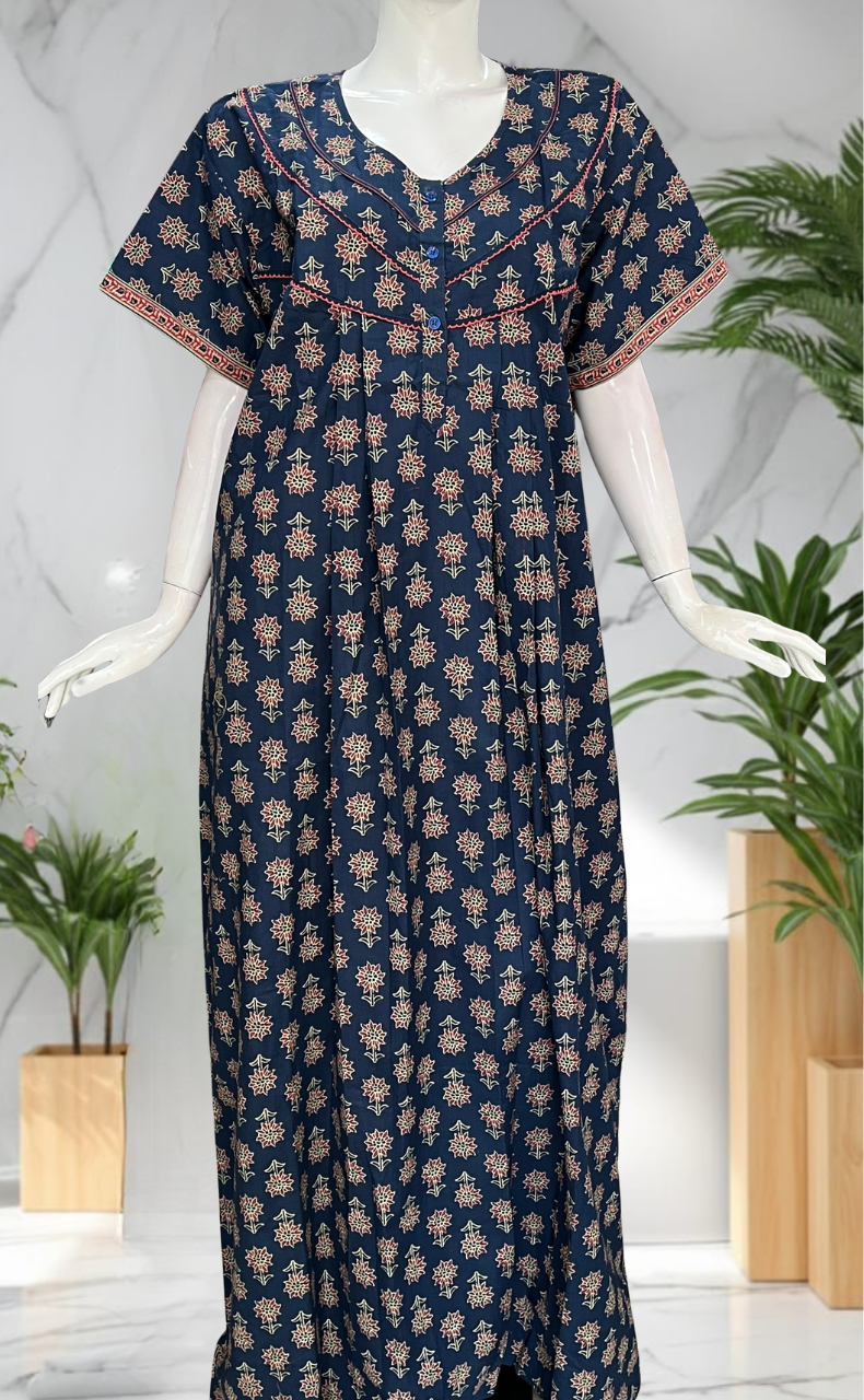 Blue Floral Pure Cotton Nighty. Pure Durable Cotton | Laces and Frills