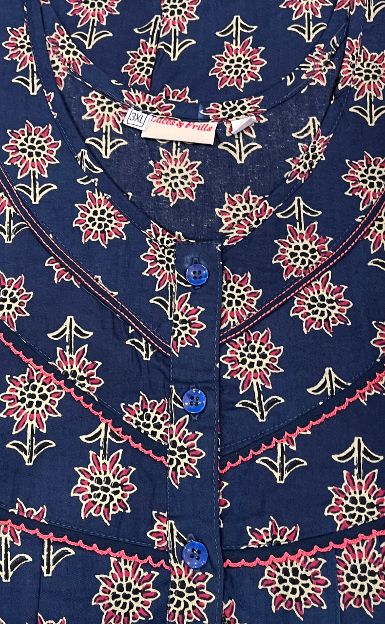 Blue Floral Pure Cotton Nighty. Pure Durable Cotton | Laces and Frills