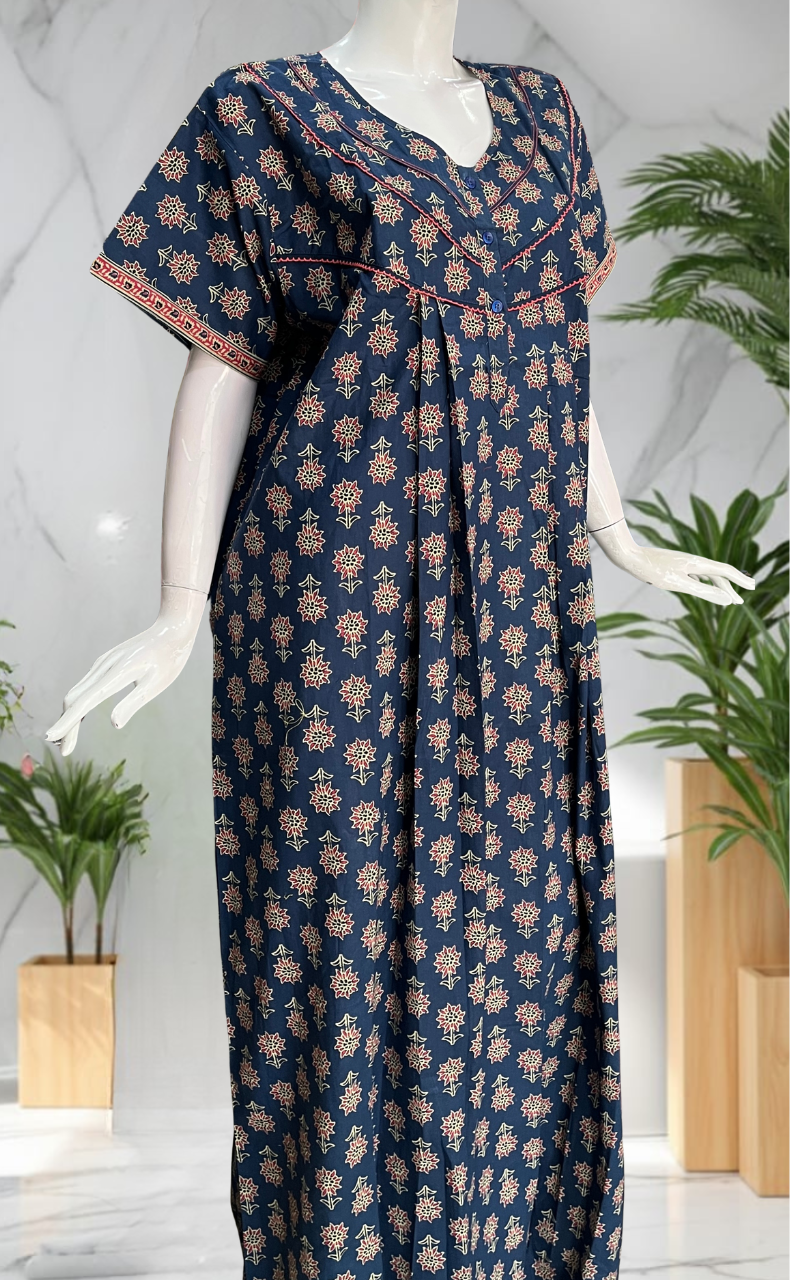Blue Floral Pure Cotton Nighty. Pure Durable Cotton | Laces and Frills