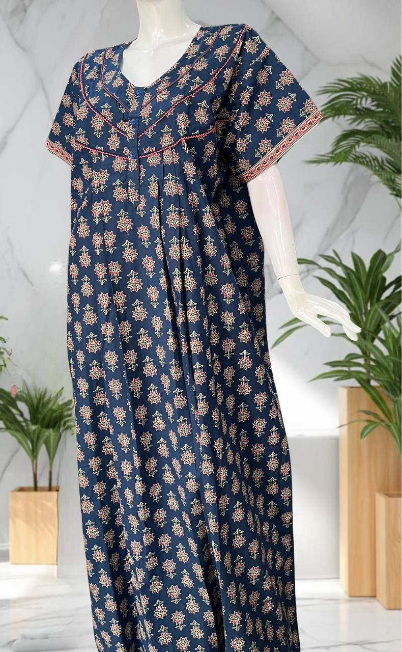 Blue Floral Pure Cotton Nighty. Pure Durable Cotton | Laces and Frills