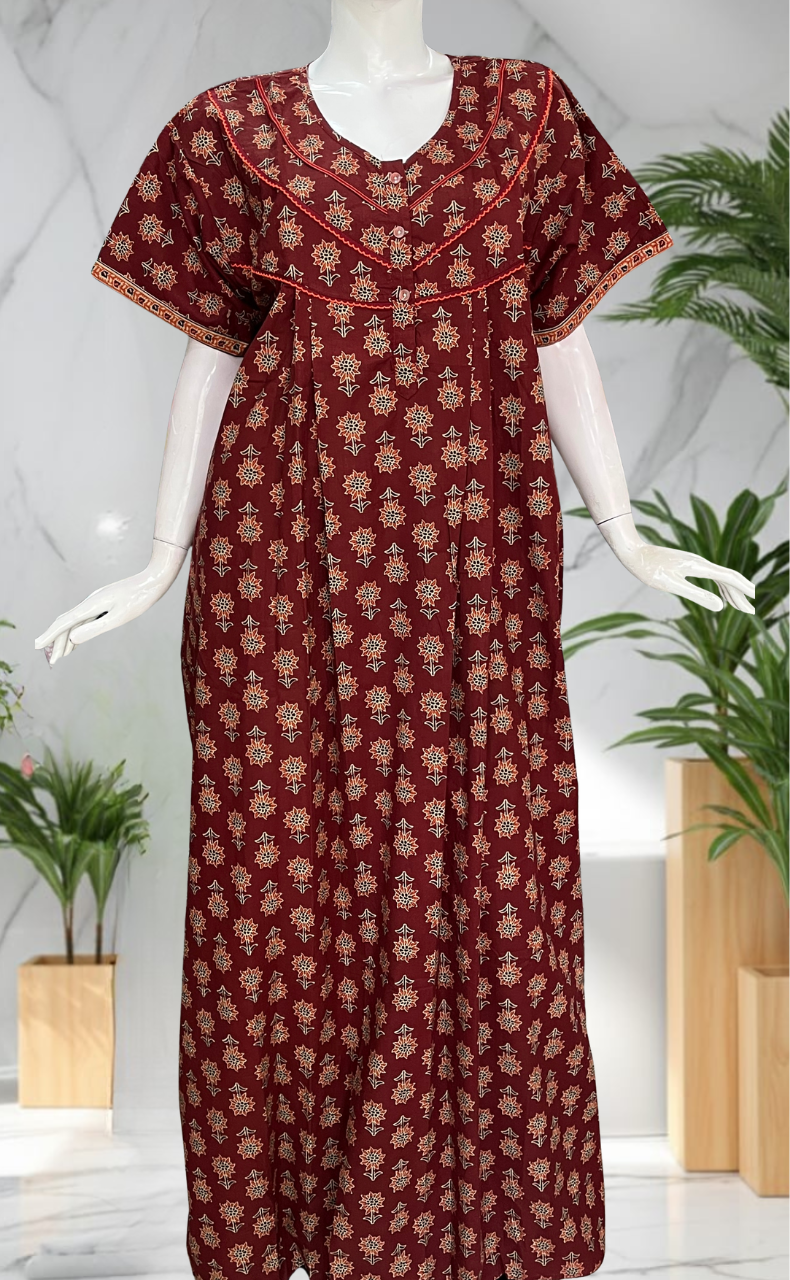 Maroon Floral Pure Cotton Nighty. Pure Durable Cotton | Laces and Frills