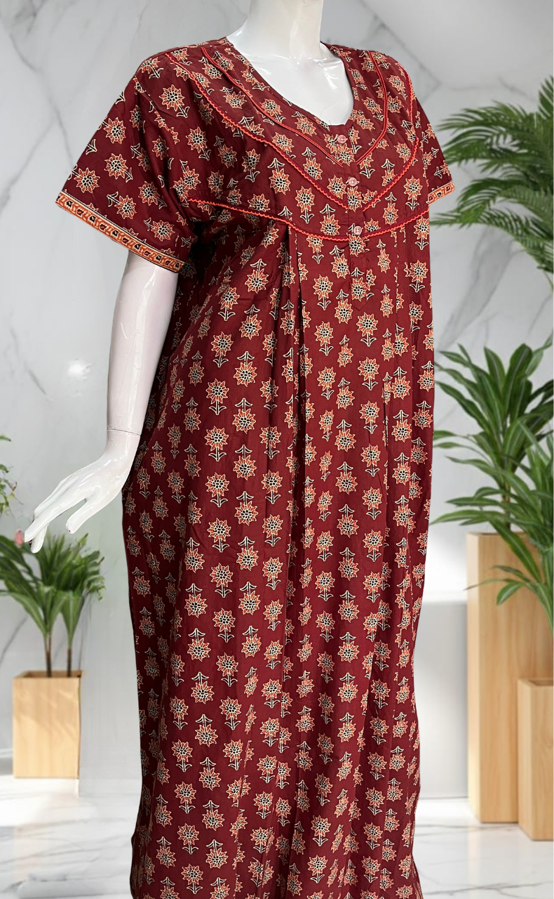 Maroon Floral Pure Cotton Nighty. Pure Durable Cotton | Laces and Frills