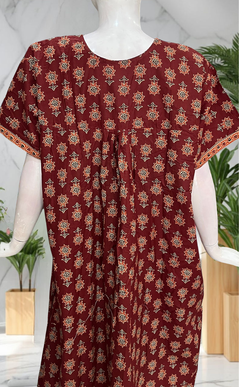 Maroon Floral Pure Cotton Nighty. Pure Durable Cotton | Laces and Frills