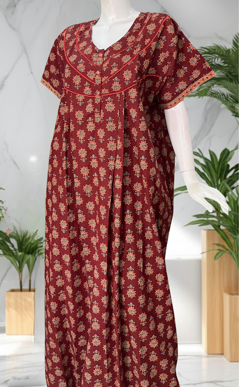 Maroon Floral Pure Cotton Nighty. Pure Durable Cotton | Laces and Frills