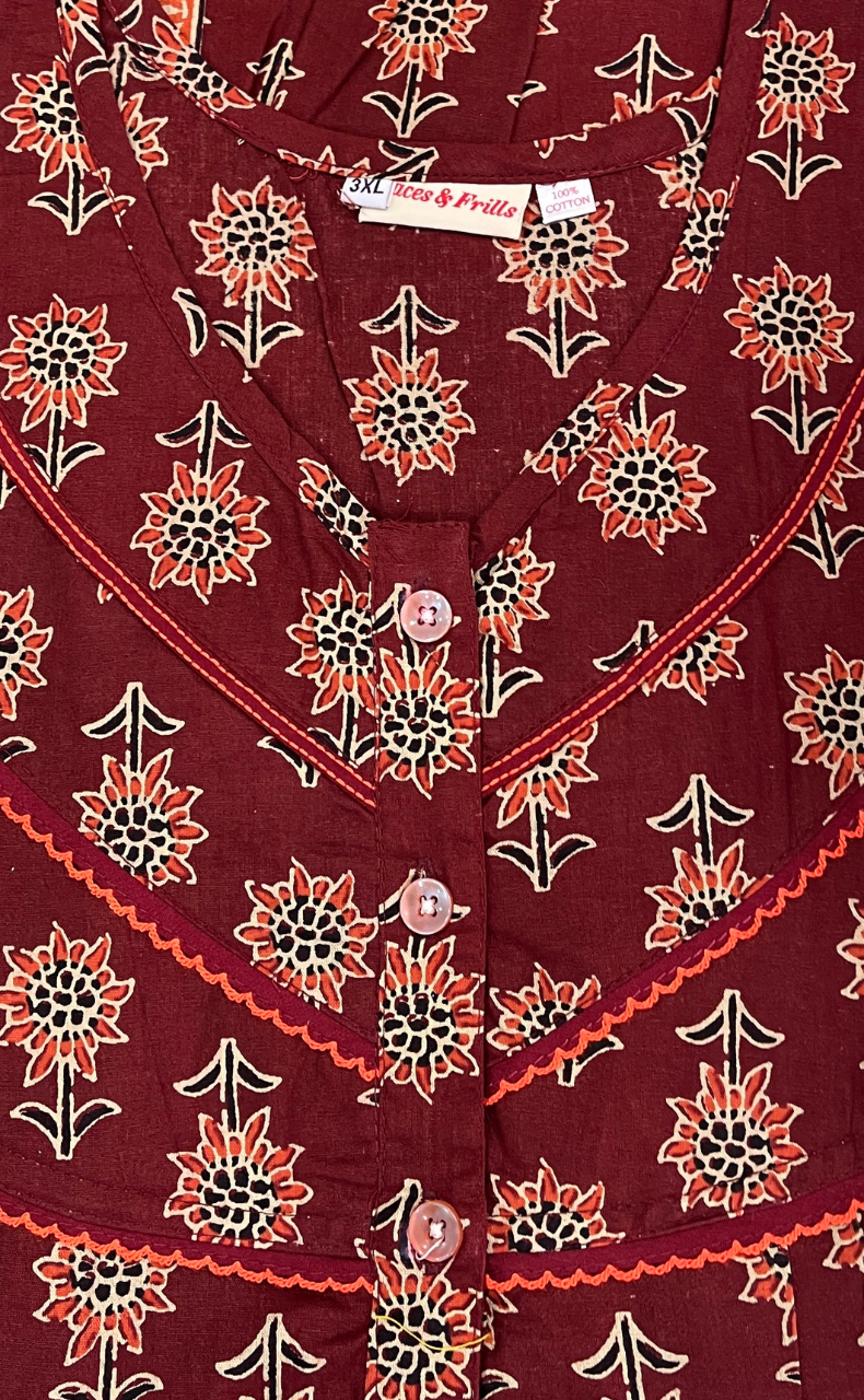 Maroon Floral Pure Cotton Nighty. Pure Durable Cotton | Laces and Frills