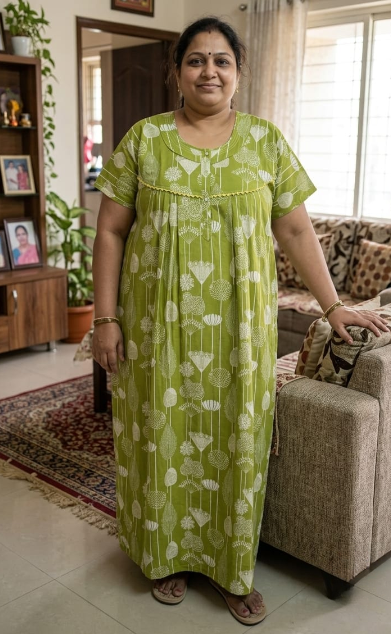 Green Flora Pure Cotton Nighty. Pure Durable Cotton | Laces and Frills - Laces and Frills