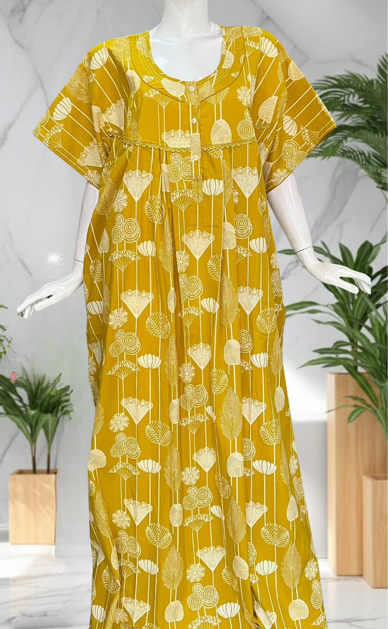 Yellow Flora Pure Cotton Nighty. Pure Durable Cotton | Laces and Frills