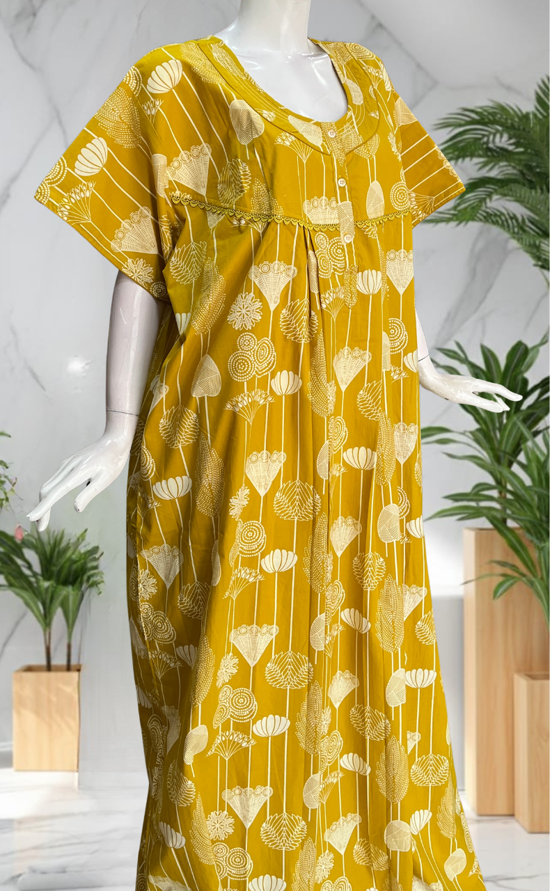 Yellow Flora Pure Cotton Nighty. Pure Durable Cotton | Laces and Frills