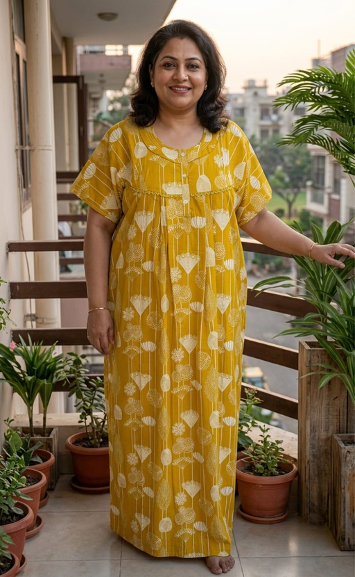 Yellow Flora Pure Cotton Nighty. Pure Durable Cotton | Laces and Frills - Laces and Frills