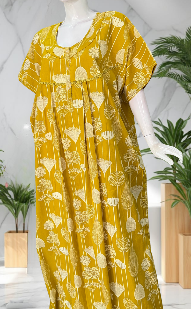 Yellow Flora Pure Cotton Nighty. Pure Durable Cotton | Laces and Frills