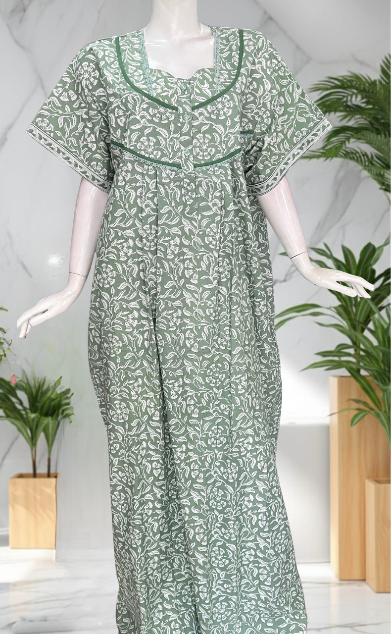 Pista Green Garden Pure Cotton Nighty. Pure Durable Cotton | Laces and Frills