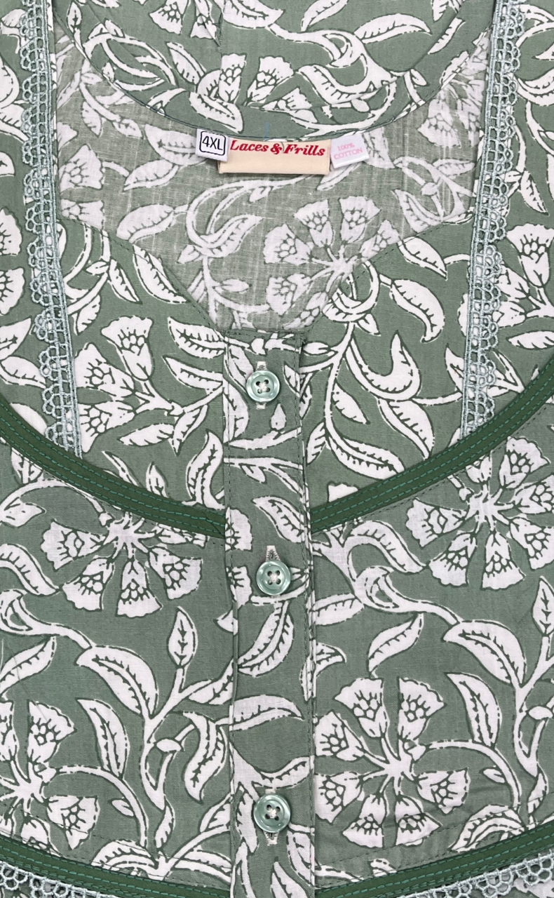 Pista Green Garden Pure Cotton Nighty. Pure Durable Cotton | Laces and Frills