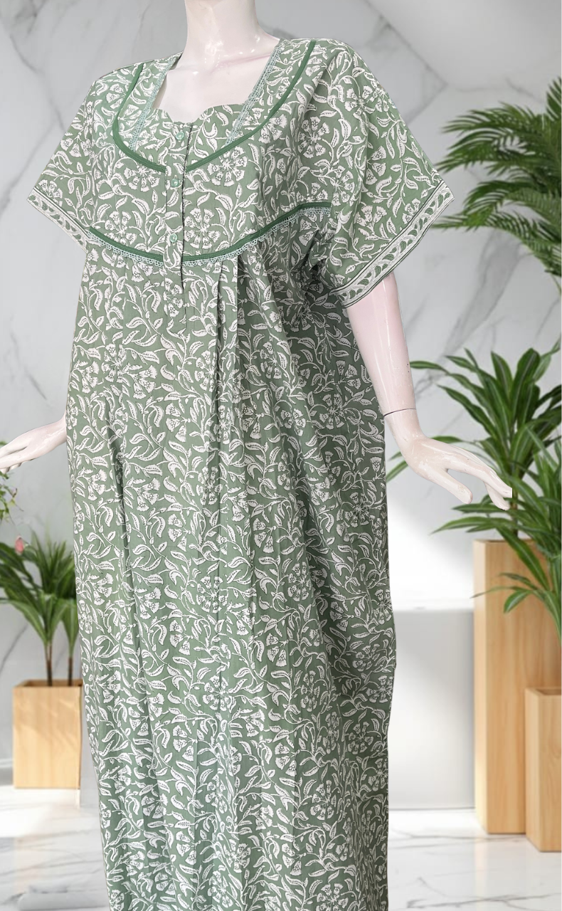 Pista Green Garden Pure Cotton Nighty. Pure Durable Cotton | Laces and Frills