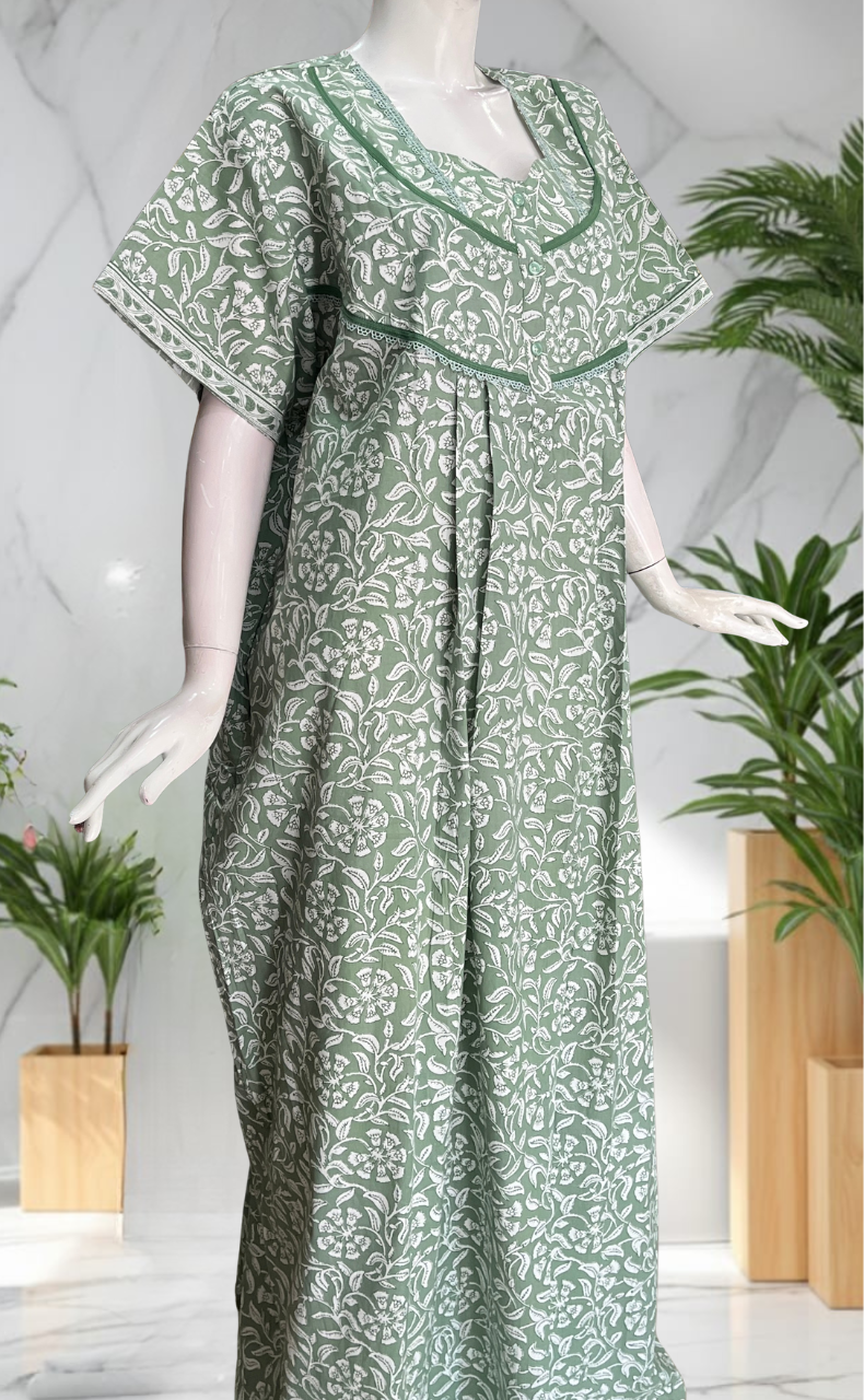 Pista Green Garden Pure Cotton Nighty. Pure Durable Cotton | Laces and Frills