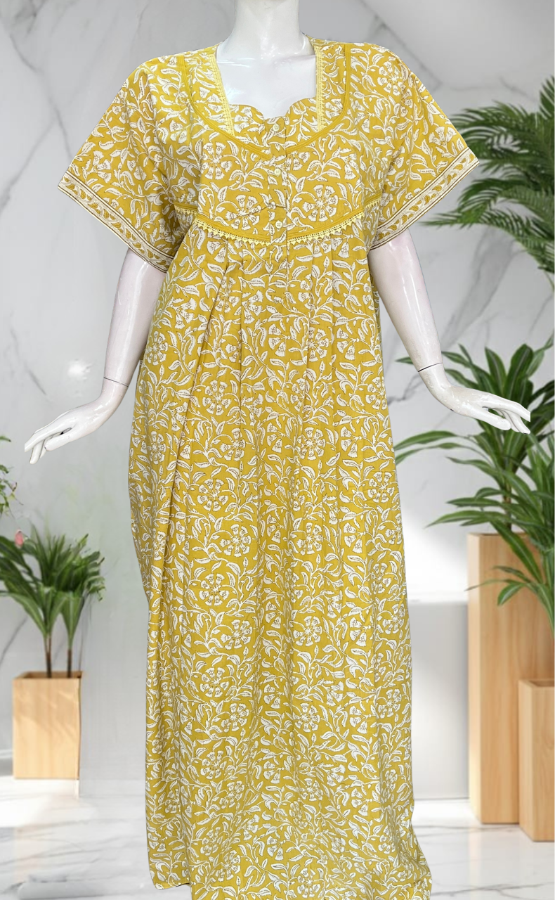 Yellow Garden Pure Cotton Nighty. Pure Durable Cotton | Laces and Frills