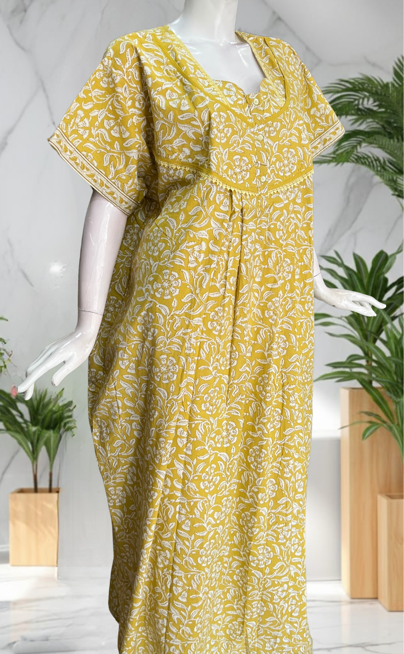 Yellow Garden Pure Cotton Nighty. Pure Durable Cotton | Laces and Frills