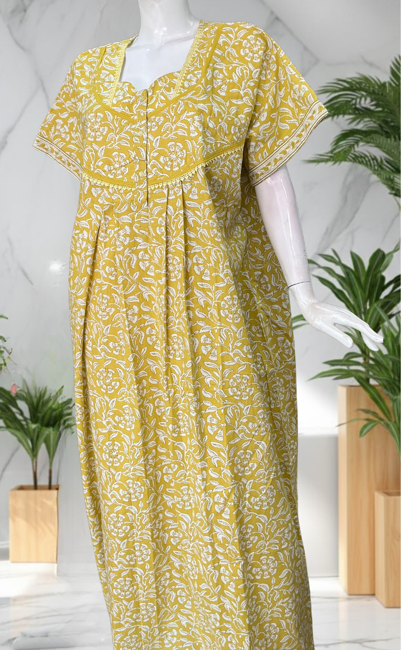 Yellow Garden Pure Cotton Nighty. Pure Durable Cotton | Laces and Frills