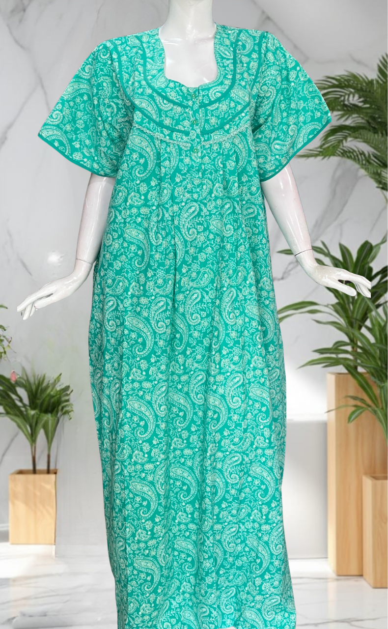 Sea Green Garden Pure Cotton Nighty. Pure Durable Cotton | Laces and Frills