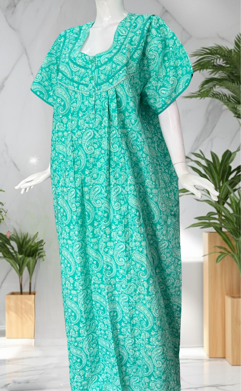 Sea Green Garden Pure Cotton Nighty. Pure Durable Cotton | Laces and Frills