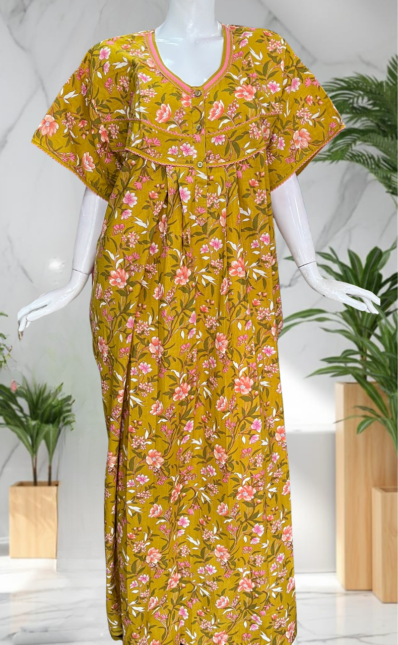 Yellow Garden Pure Cotton Nighty. Pure Durable Cotton | Laces and Frills