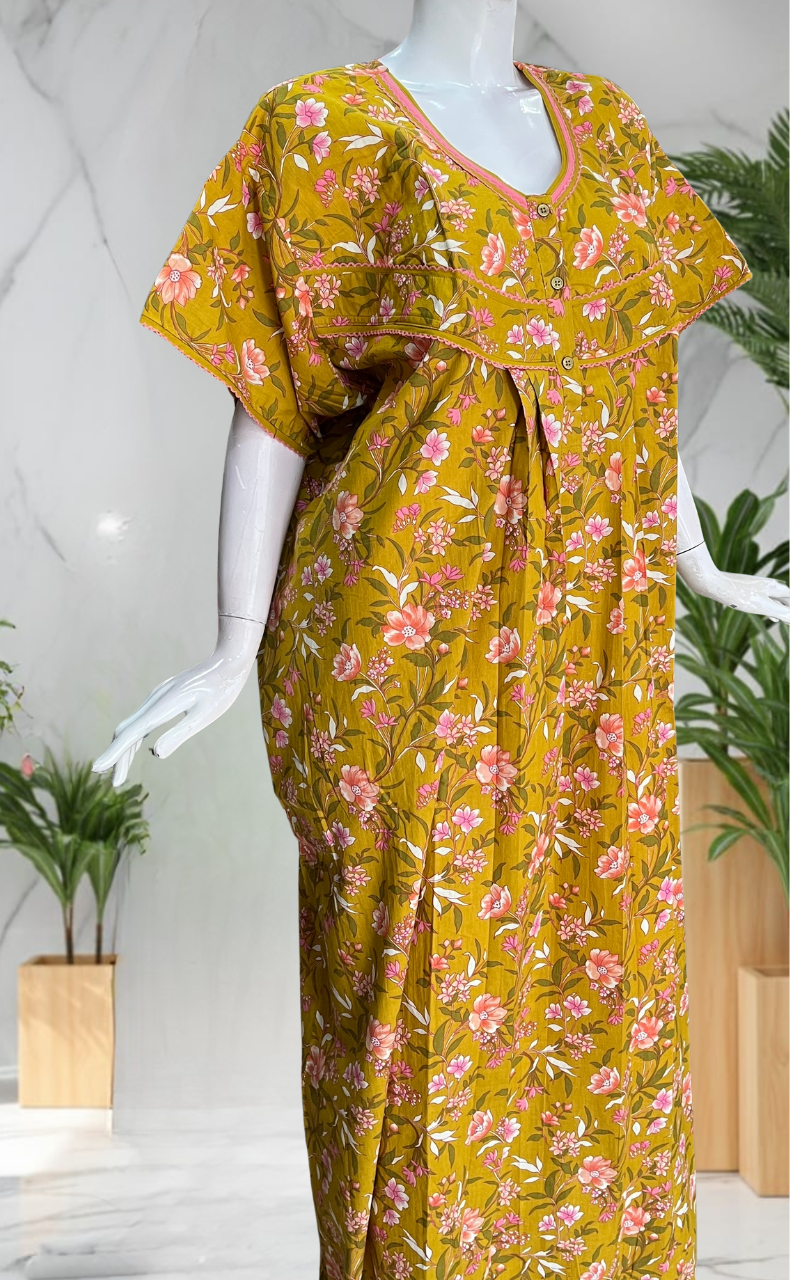 Yellow Garden Pure Cotton Nighty. Pure Durable Cotton | Laces and Frills